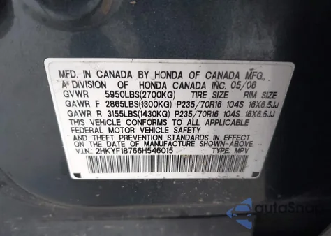 2006 Honda Pilot Ex-L from USA, damaged, VIN 2HKYF18766H546015